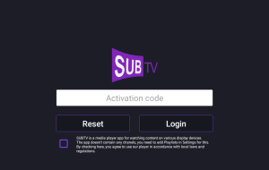QHDTV IPTV SHOP SUBTV IPTV 12 MOIS Interface de connexion de l'application SUBTV avec champ pour le code d'activation.
