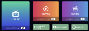 Interface de Fuego IPTV montrant les catégories Live TV, Movies et Series, avec des fonctionnalités telles que EPG, Multi-Screen et Catch-Up