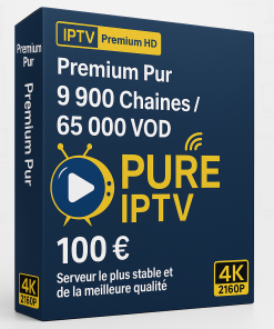 Boîte d’abonnement PURE IPTV Premium HD – 9 900 chaînes, 65 000 VOD, 100 €, serveur stable et qualité 4K 2160P.